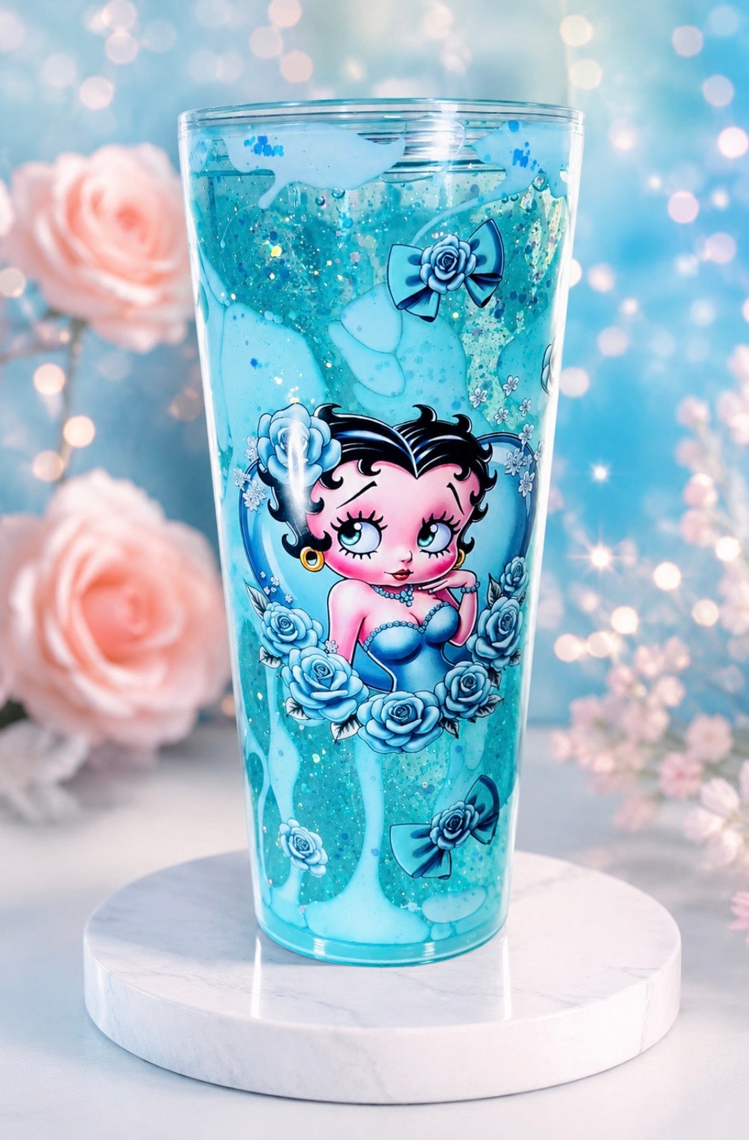 Betty Boop Snow Globe Tumbler – Teal Rose Edition | 24oz